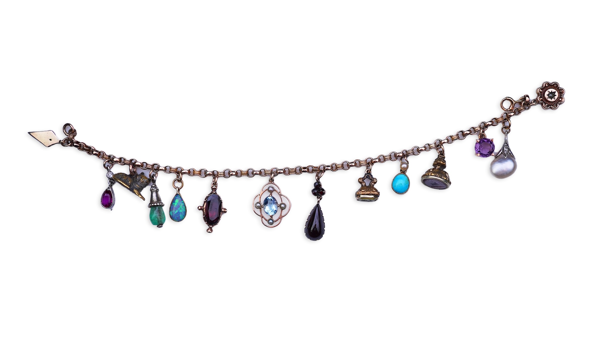 A gem-set charm bracelet, late 19th-early 20th century